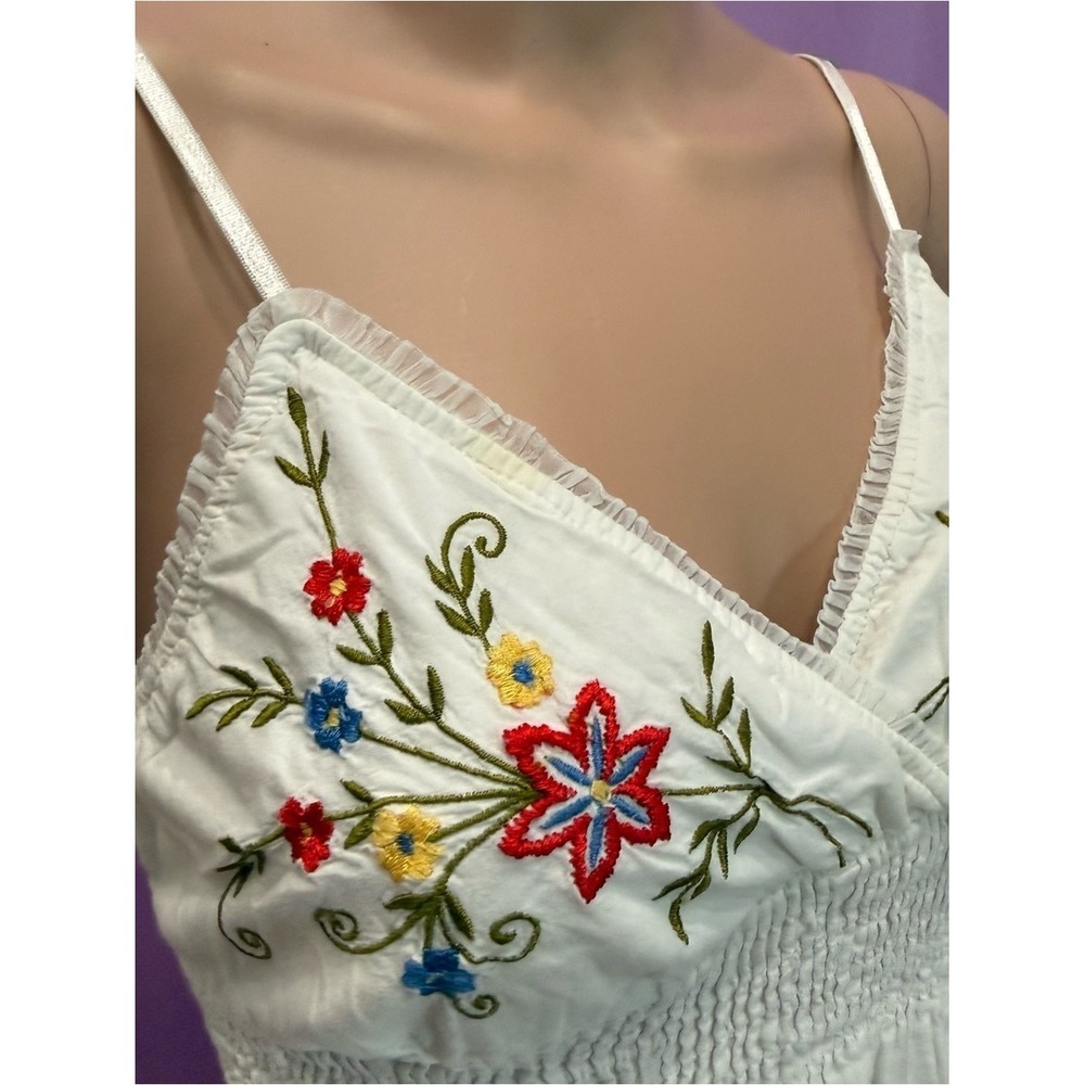 White Embroidered Floral Spaghetti Strap Smocked Mini Sundress - Picture 5 of 8
